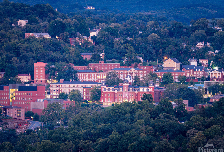 Downtown campus of West Virginia university at dusk  Print