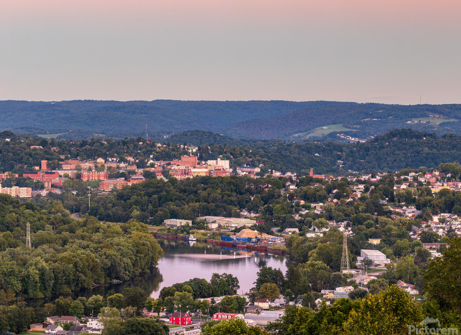 Sunset lights the sky above Morgantown in West Virginia  Print