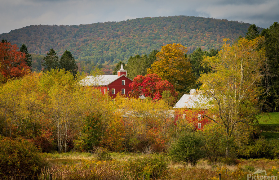 Historic red barn and farm nestled in fall colors in West Virgin  Print