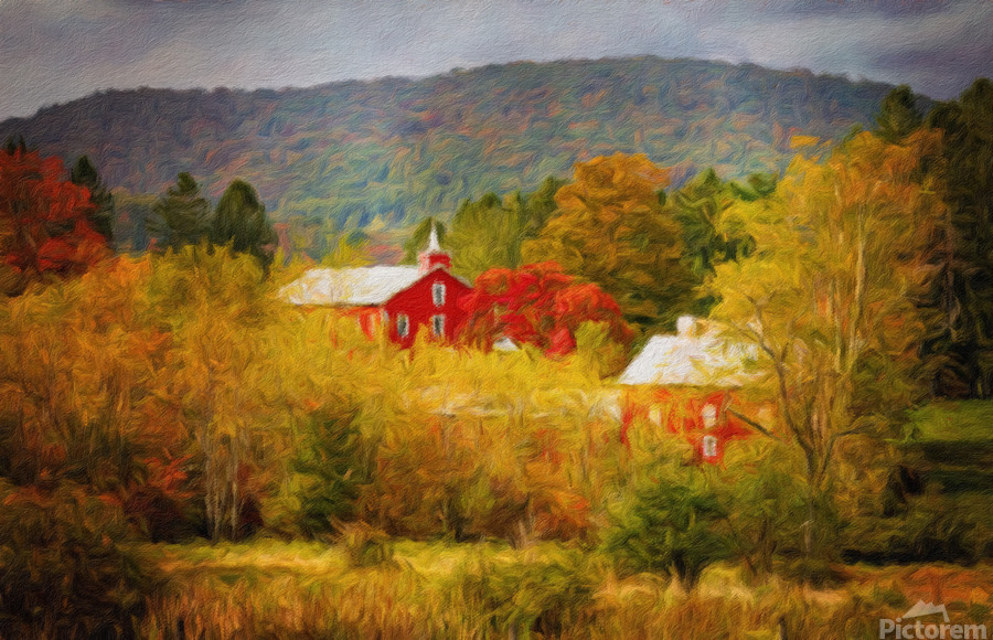 Painting of historic red barn nestled in fall colors in West Vir  Imprimer