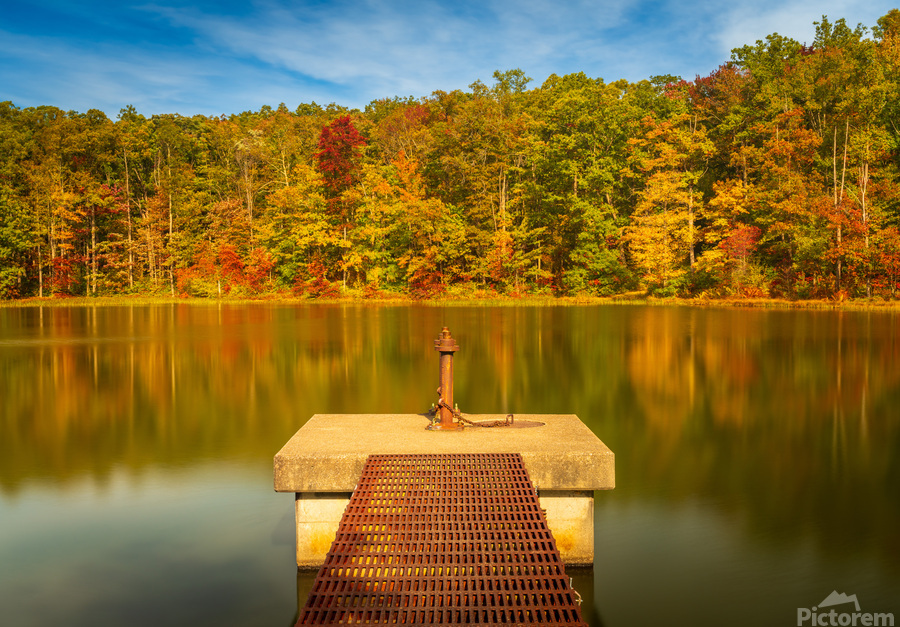 Fall leaves and metal pier in Coopers Rock State Forest in WV  Print