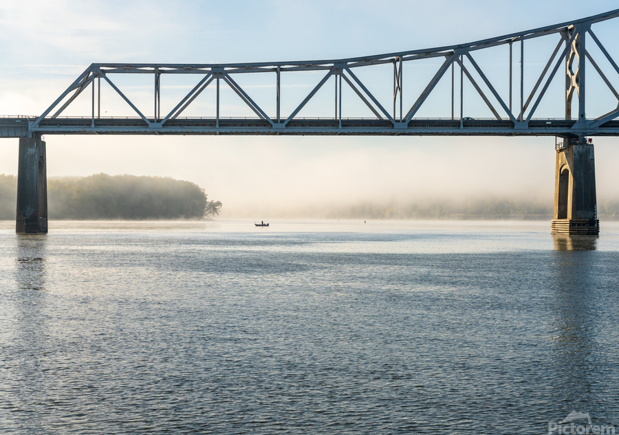 Fisherman fishing in Mississippi river on misty autumn morning  Print