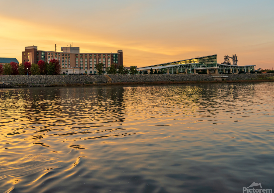 Conference Center in Dubuque IA on calm evening  Print