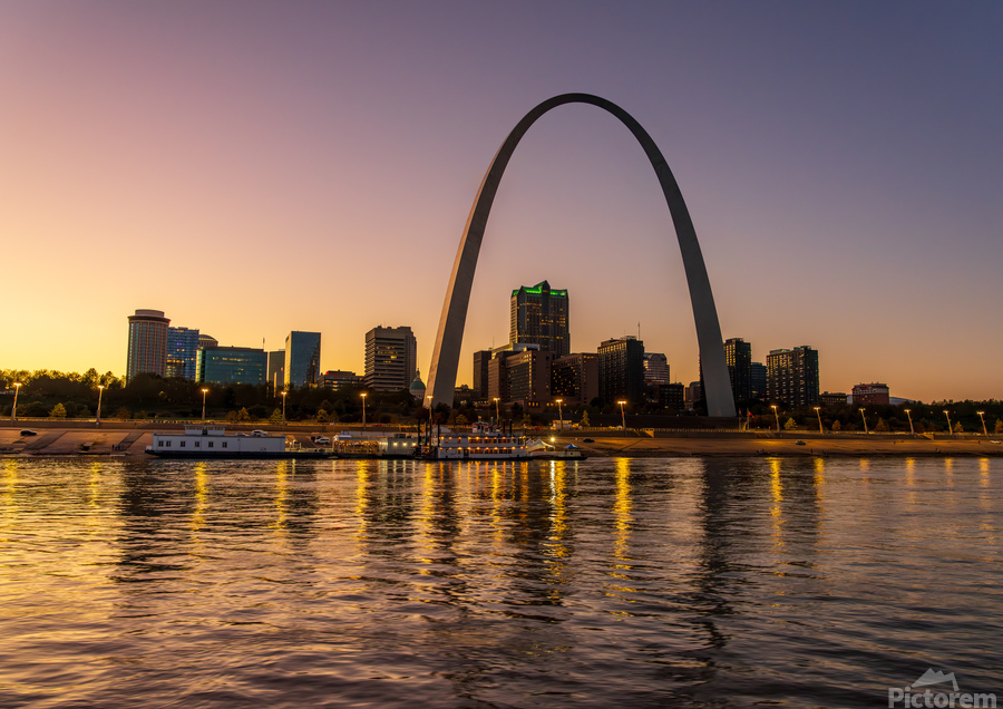 Reflections of St Louis and Gateway Arch in Mississippi River  Print