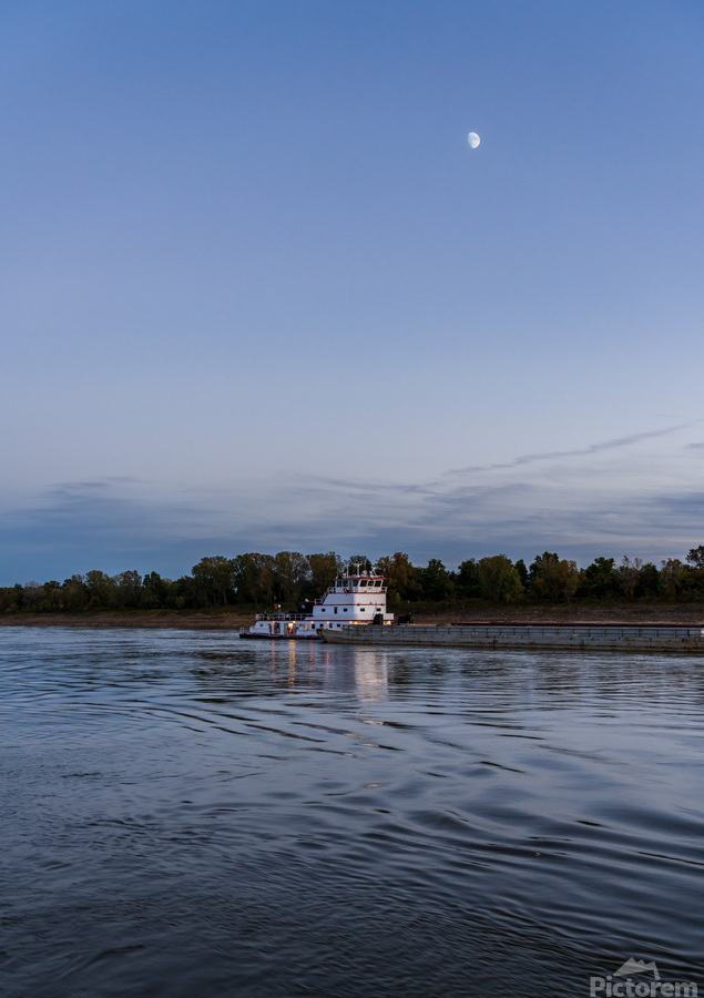 Freight barges on Mississippi river at dusk with moon  Print