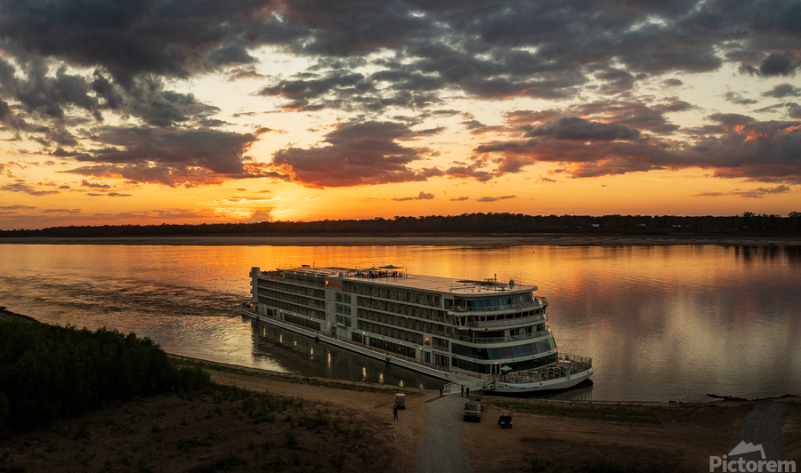 Sunset over Viking Mississippi river  cruise boat near Vicksburg  Print