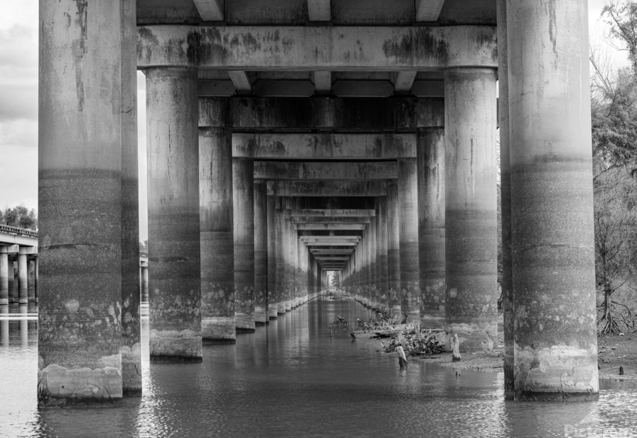 Supporting pillars of I-10 bridge above Atchafalaya basin in Lou  Print