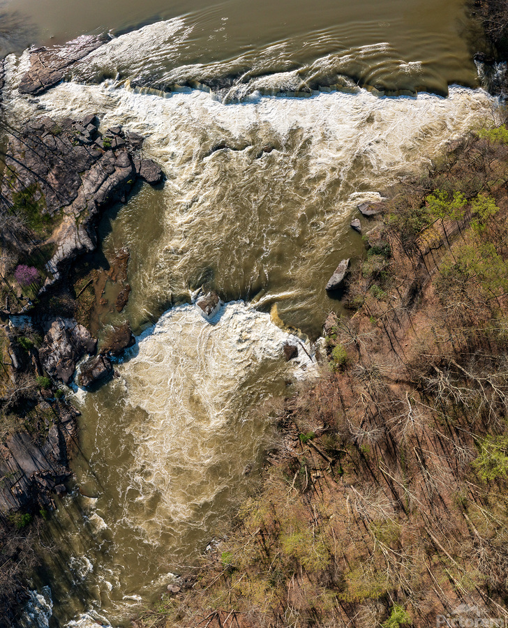Top down over flooded Valley Falls on a bright spring morning  Print
