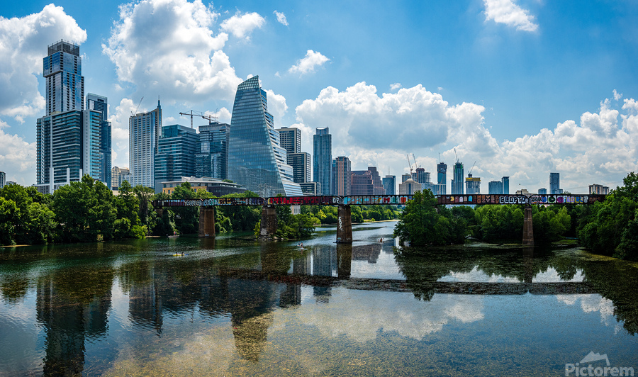 Cityscape of Austin Texas and Mopac railroad bridge by Lady Bird  Print