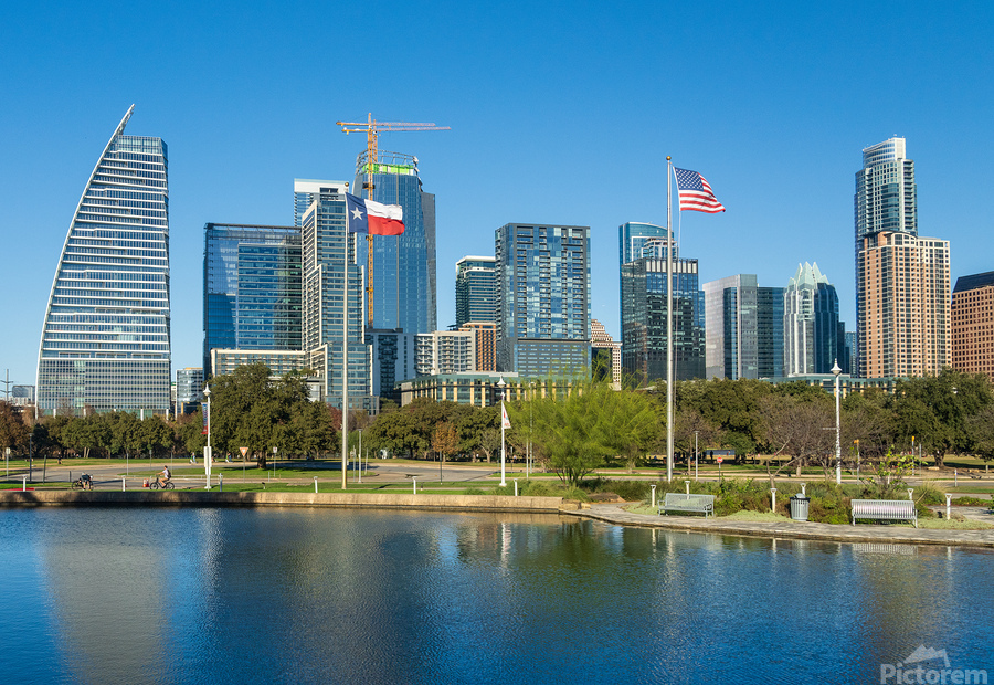 Cityscape of apartments and offices  in downtown Austin Texas  Print