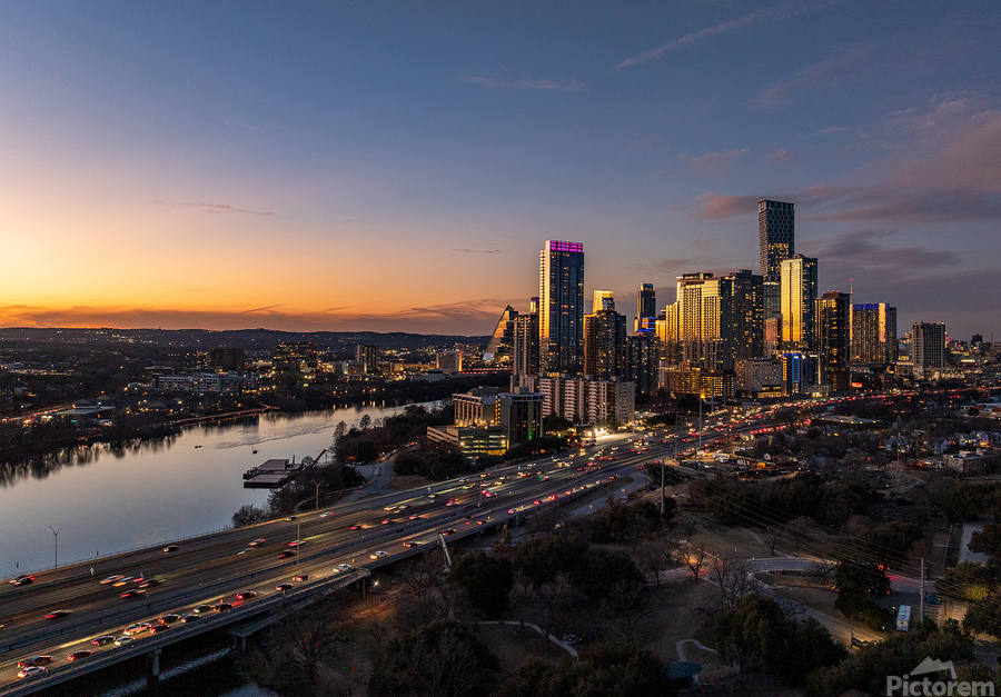 Evening over Austin downtown 2026 in aerial skyline  Print