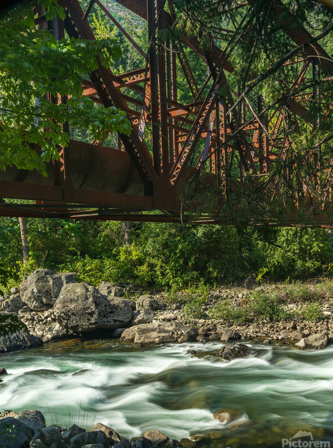 Tumwater Canyon pipeline bridge over Wenatchee River in Washingt  Print