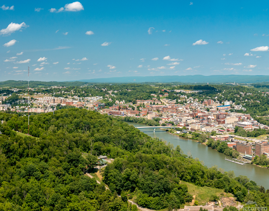 Aerial panorama image of the downtown and university in Morgantown  Print