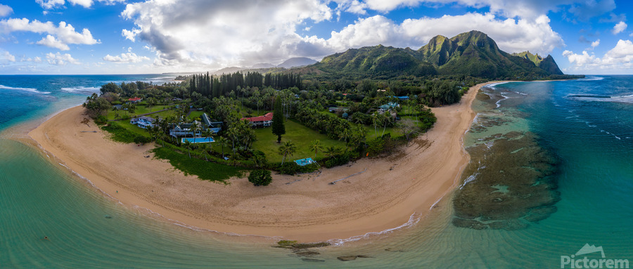 Aerial drone shot of Tunnels Beach on Kauai  Print