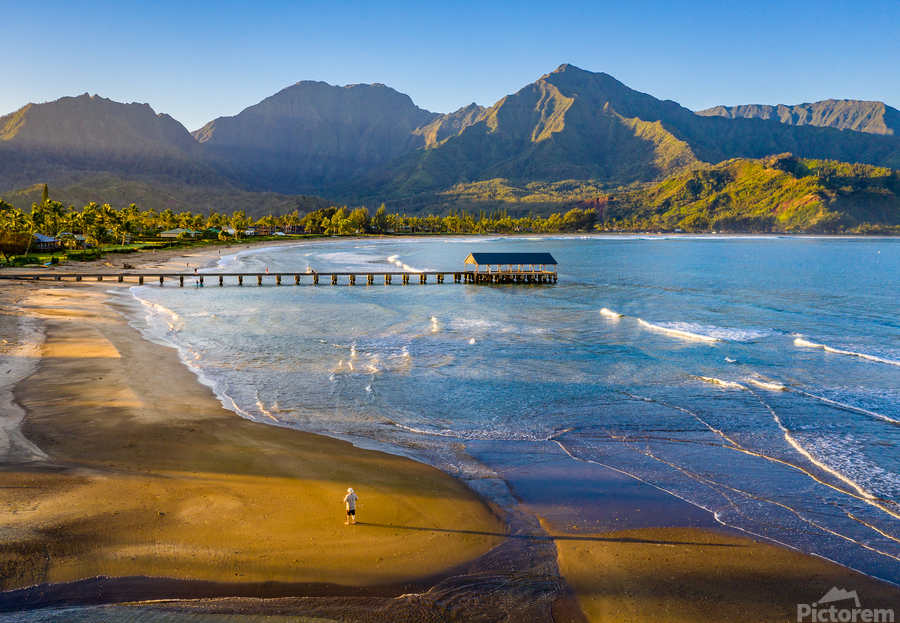 Aerial drone shot of man on the sand of Hanalei beach   Imprimer