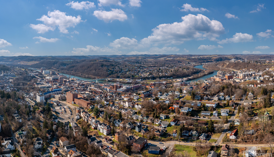 Aerial drone view of the downtown and university in Morgantown  Print