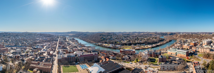 Aerial drone panorama of the downtown and university in Morgantown West Virginia  Print