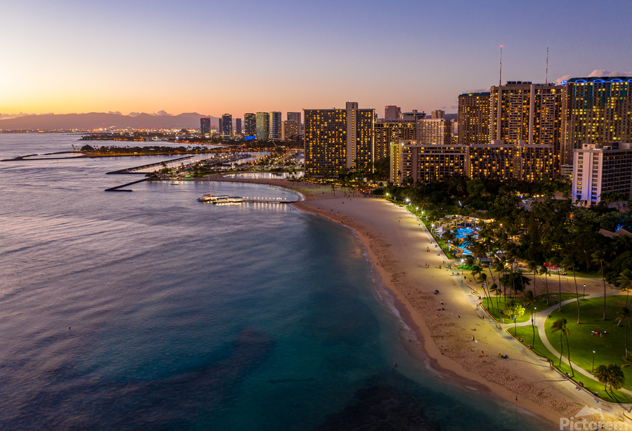 Aerial view of Waikiki beach at sunset  Print