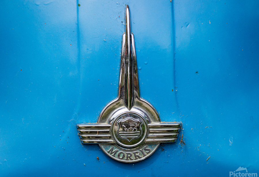 Old chrome Morris badge on blue car  Print