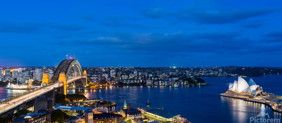 Dramatic panoramic night photo Sydney harbor  Imprimer