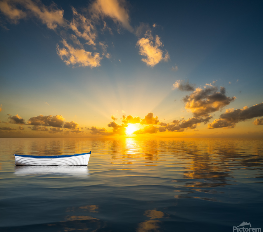 White rowing boat adrift on open ocean drifting to sunset  Print