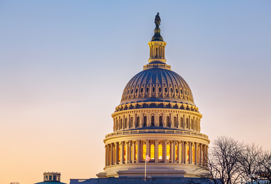 Sunrise behind the dome of the Capitol  Print
