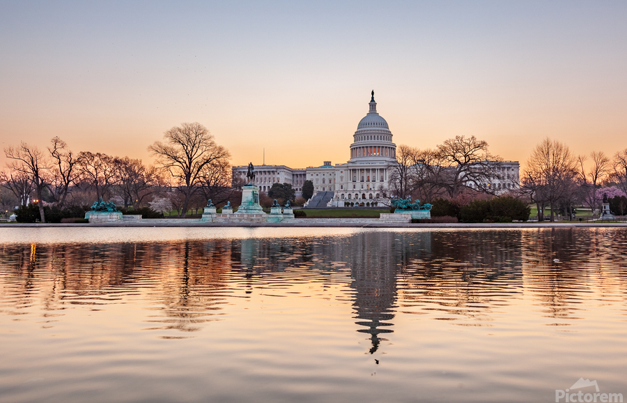 Dawn behind the dome of the Capitol in DC  Print