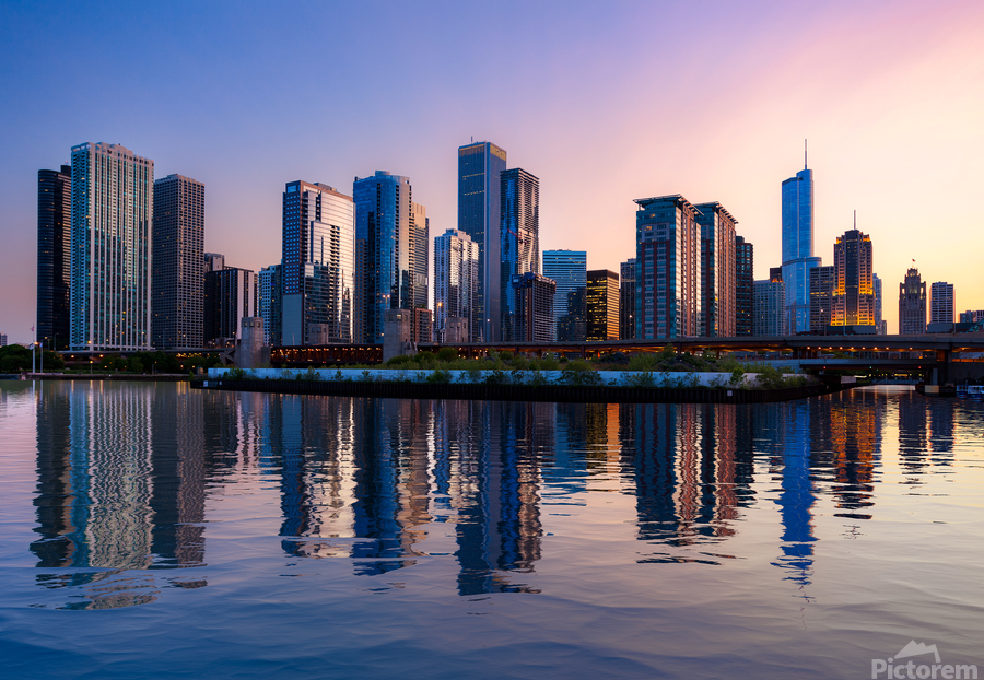 Chicago Skyline at sunset from Navy Pier  Print