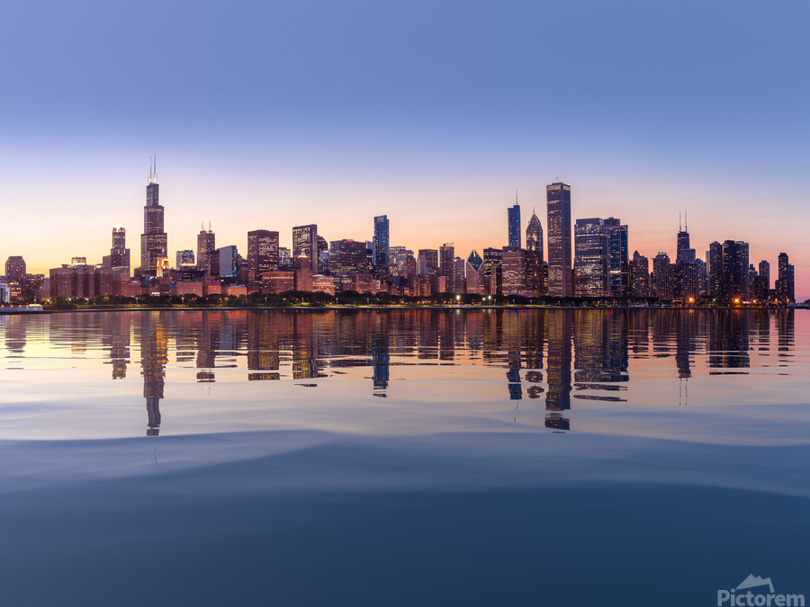 Sunset over city skyline Chicago from Observatory  Print