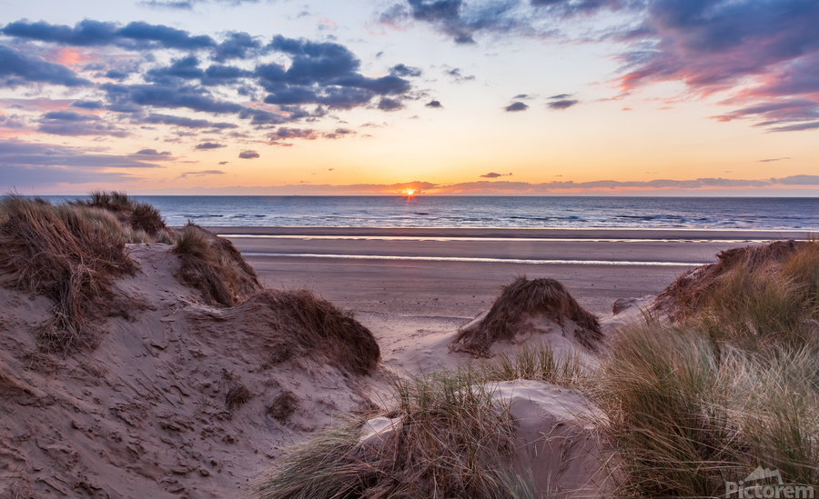 Sunset over Formby Beach through dunes  Print