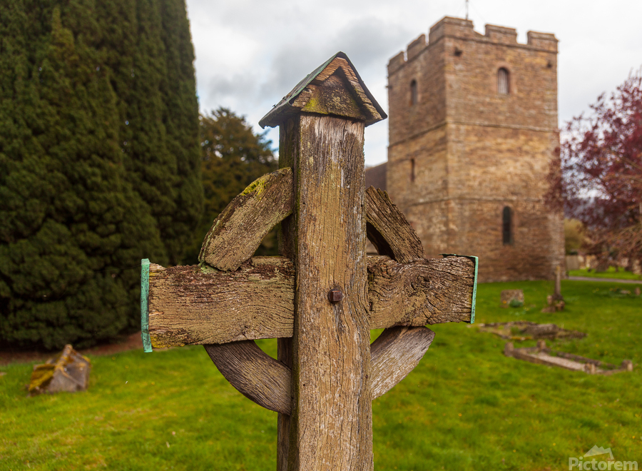 Old wooden cross in Stokesay graveyard  Print