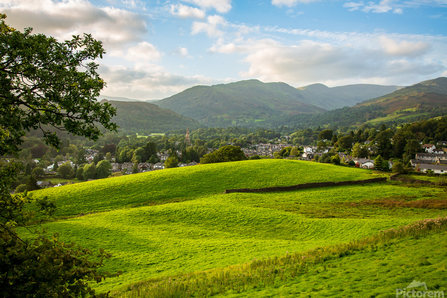 View over fields to Ambleside Lake District  Print