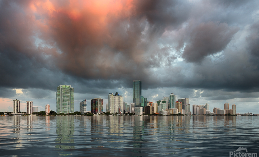 Dawn view of Miami Skyline reflected in water  Print