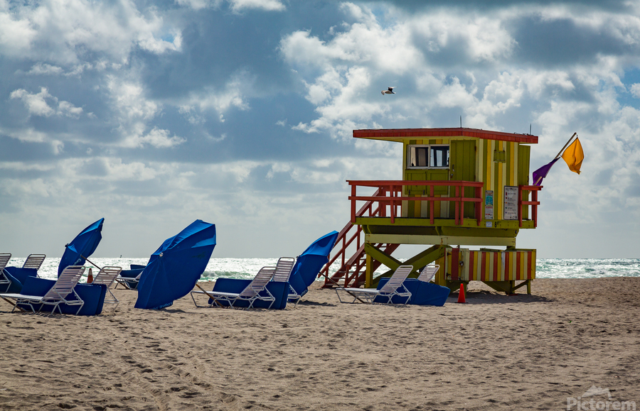 Yellow and green lifeguard station on Miami beach  Print
