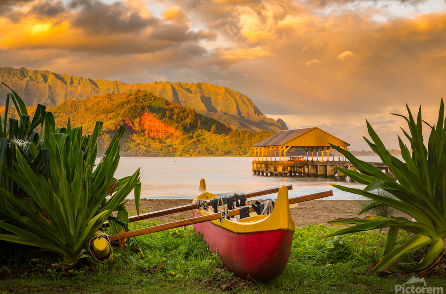 Hawaiian canoe by Hanalei Pier  Print
