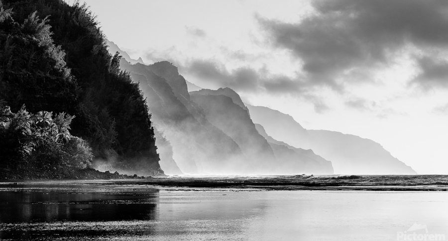Black and white sunset on Na Pali coastline  Print