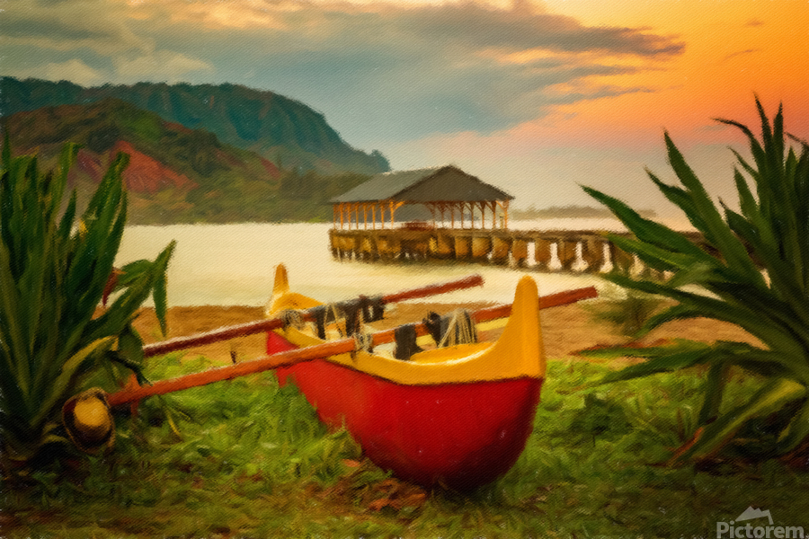 Painting of Hawaiian canoe by Hanalei Pier  Print