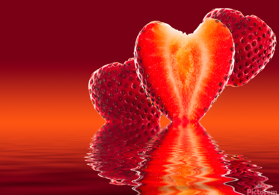 Fresh sliced strawberry in heart shape reflected  Print