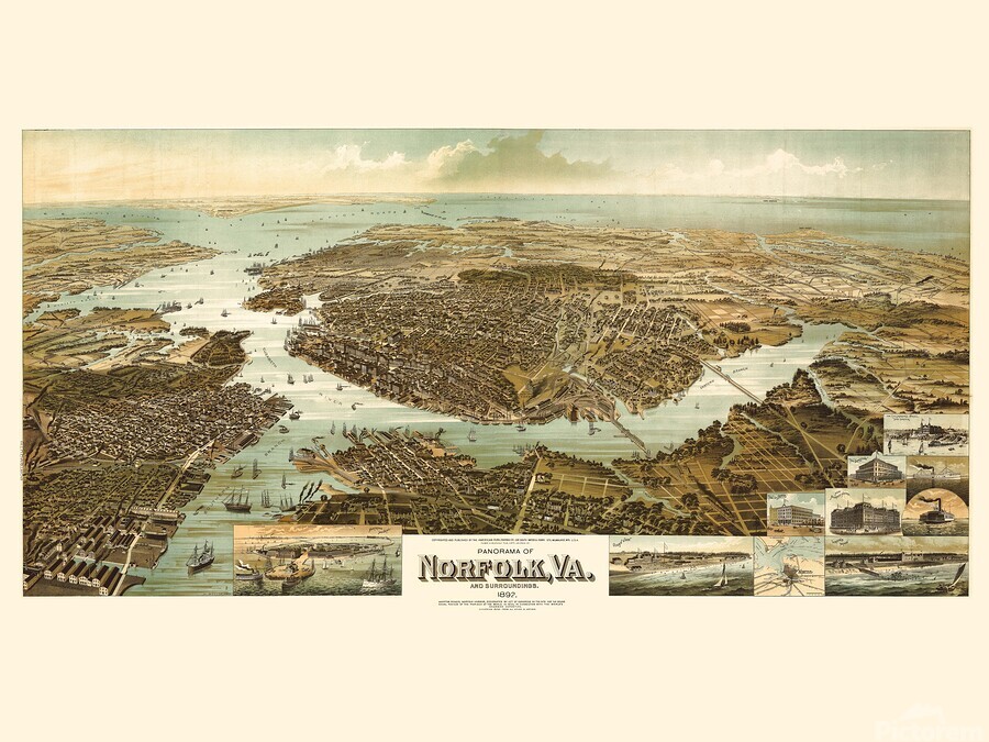 Restored birds eye panorama of Norfolk VA in 1892   Imprimer