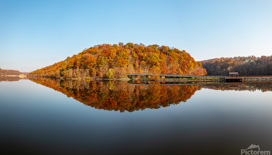 Perfect reflection of autumn leaves in Cheat Lake  Print