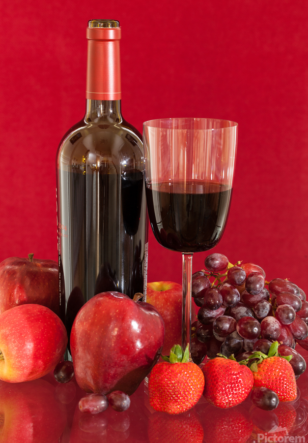 Red wine bottle and fruit with glass  Print