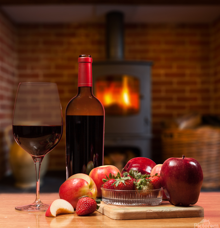 Red wine bottle and fruit with glass  Print
