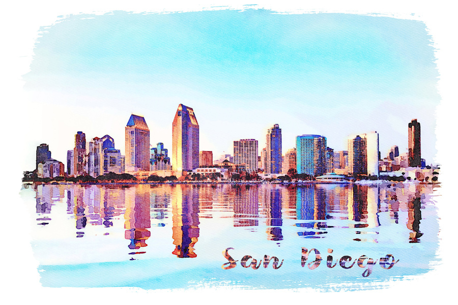 Watercolor painting of San Diego Skyline at sunset from Coronado  Imprimer