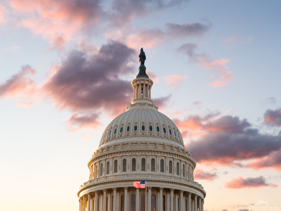 Flag flies in front of Capitol in DC at sunrise  Print