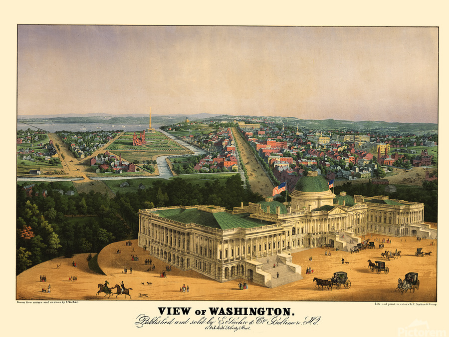 Low-angle birds-eye view of central Washington DC from 1852  Print