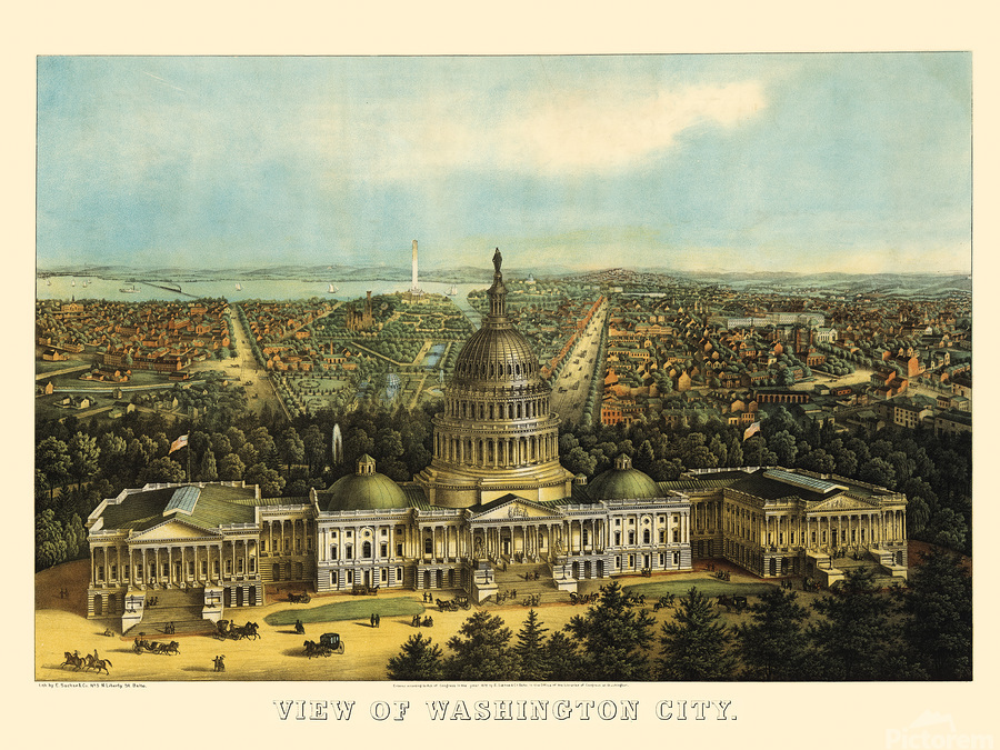 Low-angle birds-eye view of central Washington DC from 1871  Print
