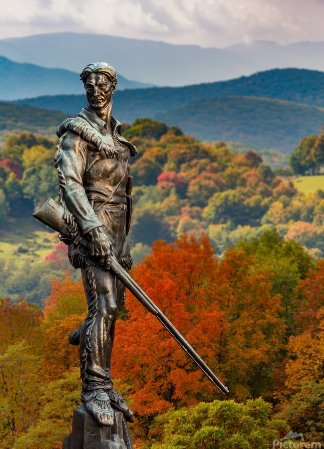 Mountaineer statue from WVU with fall leaves in West Virginia  Print
