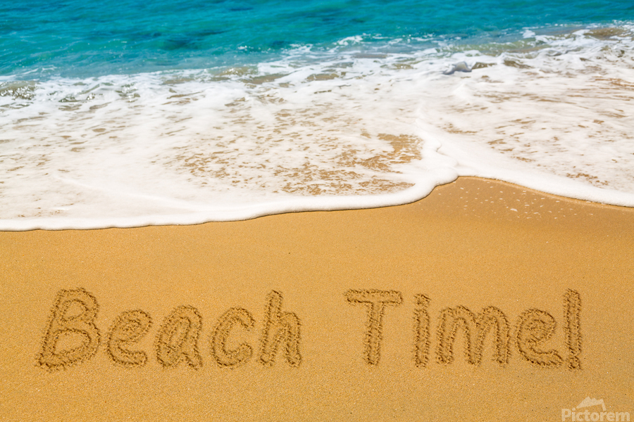 Beach Time written in sand with sea surf  Print