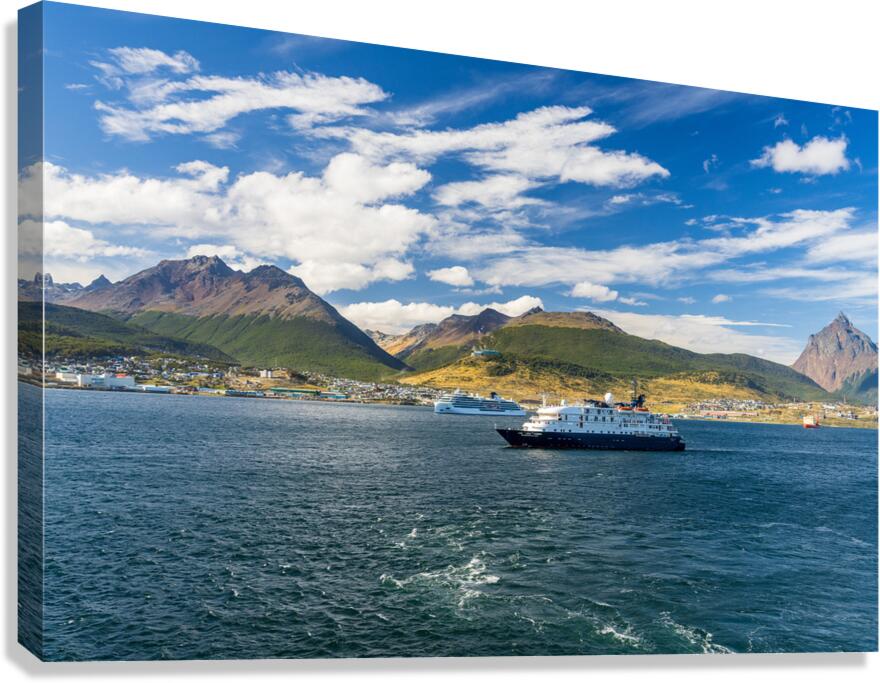 Hebredian Sky expedition cruise ship at anchor in Ushuaia  Canvas Print