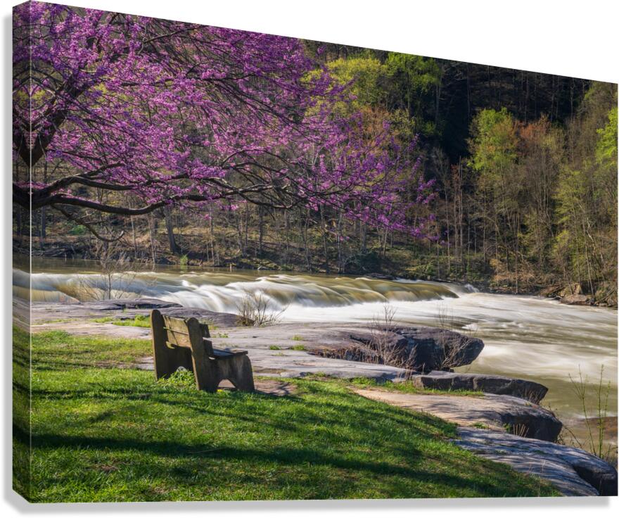 Wooden bench view of Valley Falls on spring morning  Canvas Print